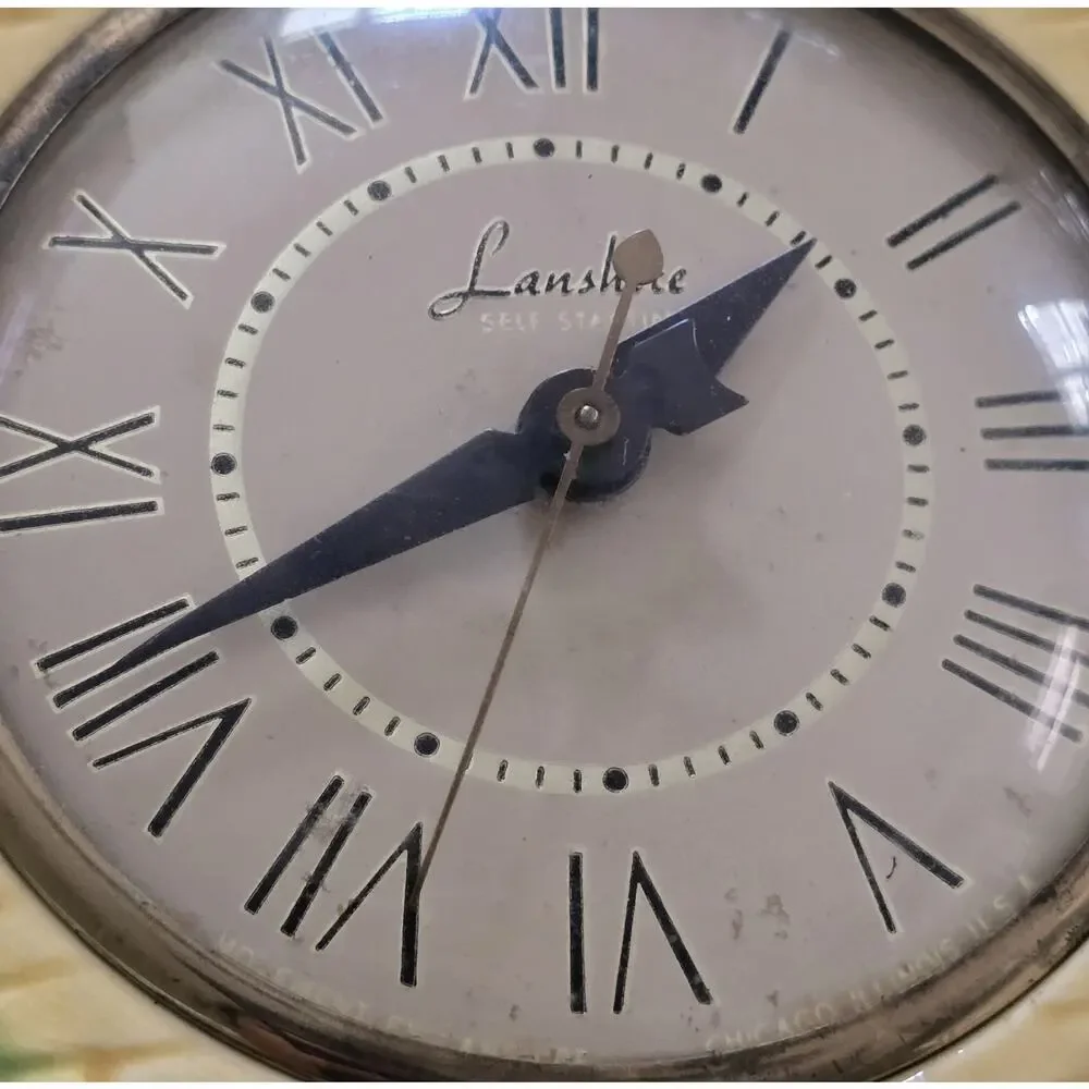 Antique Lanshire Self Starting Glazed Ceramic Mantle Clock Yellow Green Asian